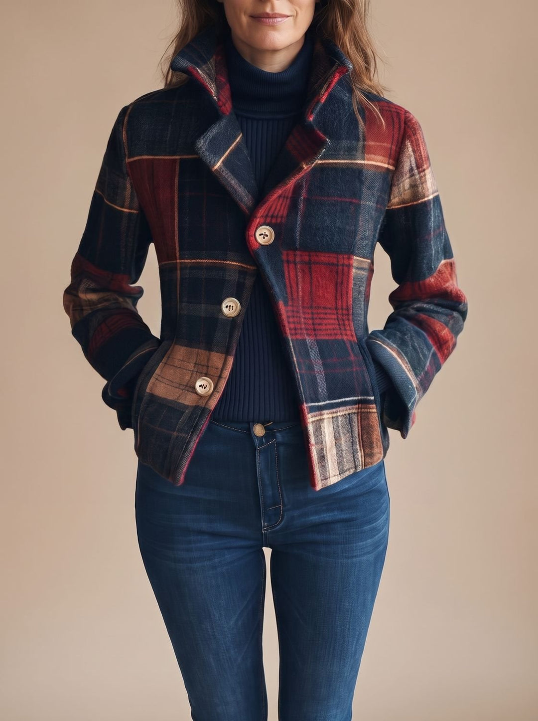 Women's Plaid Double-Button Cropped Winter Coat Jacket