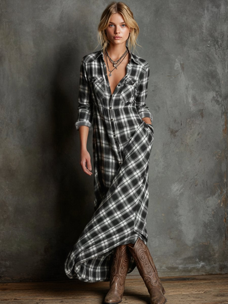 Women's Plaid Flannel Button-Down Formal Dresses Maxi Shirtdress - Black