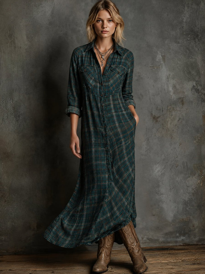 Women's Plaid Flannel Button-Down Formal Dresses Maxi Shirtdress - Green