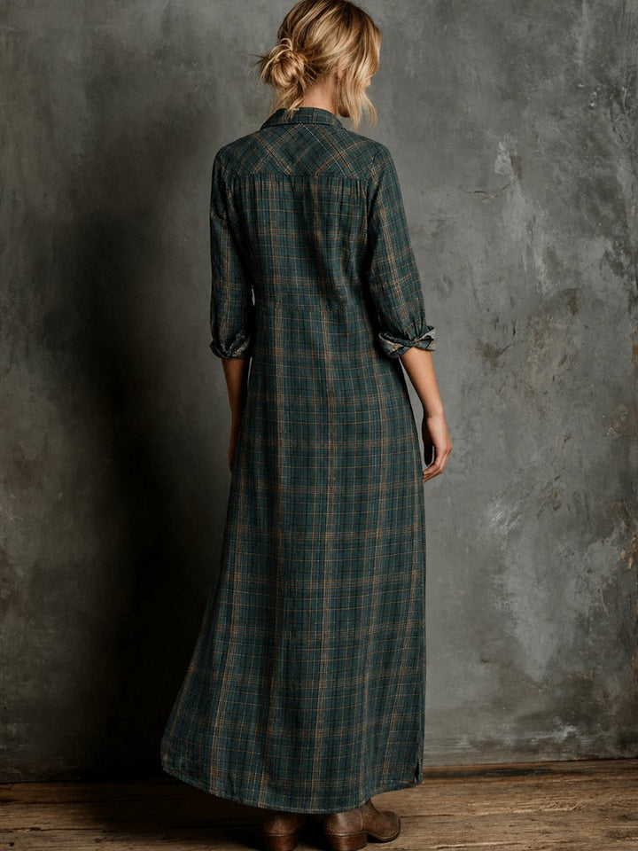 Women's Plaid Flannel Button-Down Formal Dresses Maxi Shirtdress