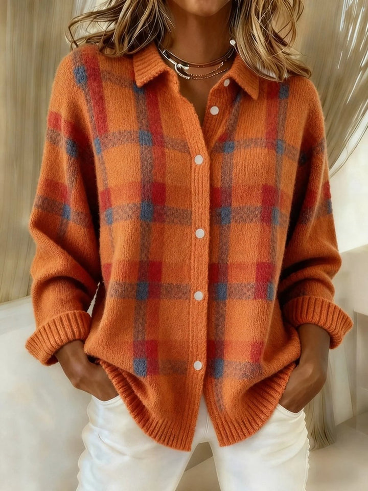 Women's Plaid Knit Button-Up Oversized Jacket Cardigan - Orange