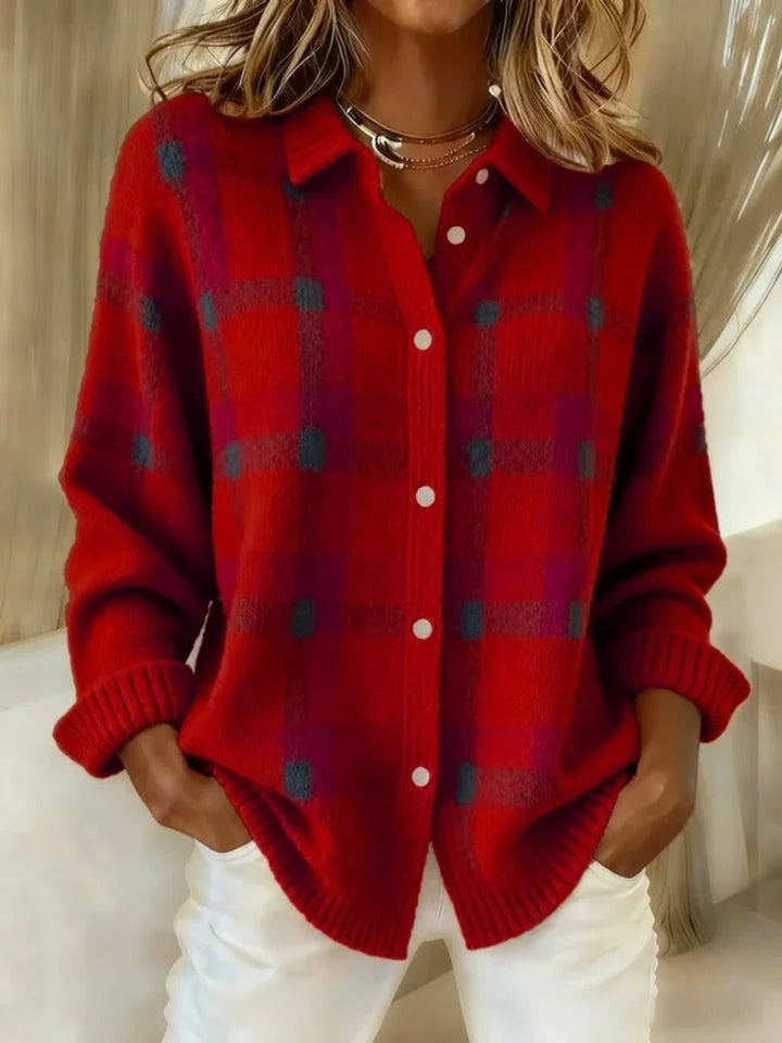 Women's Plaid Knit Button-Up Oversized Jacket Cardigan - Red