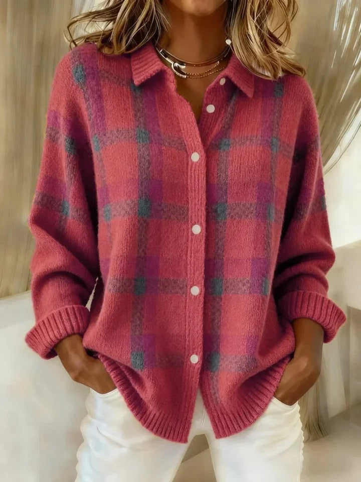 Women's Plaid Knit Button-Up Oversized Jacket Cardigan - Pink