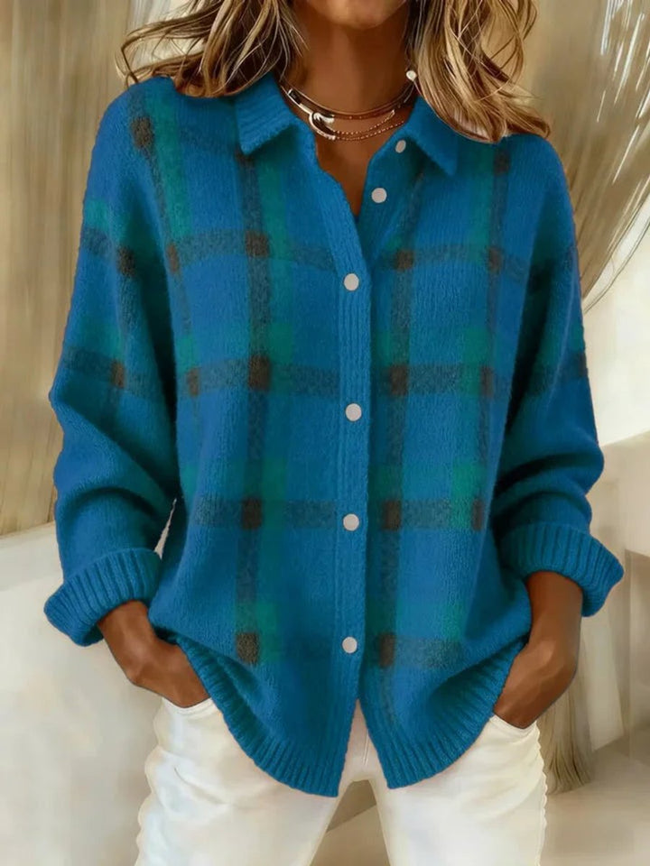 Women's Plaid Knit Button-Up Oversized Jacket Cardigan - Blue