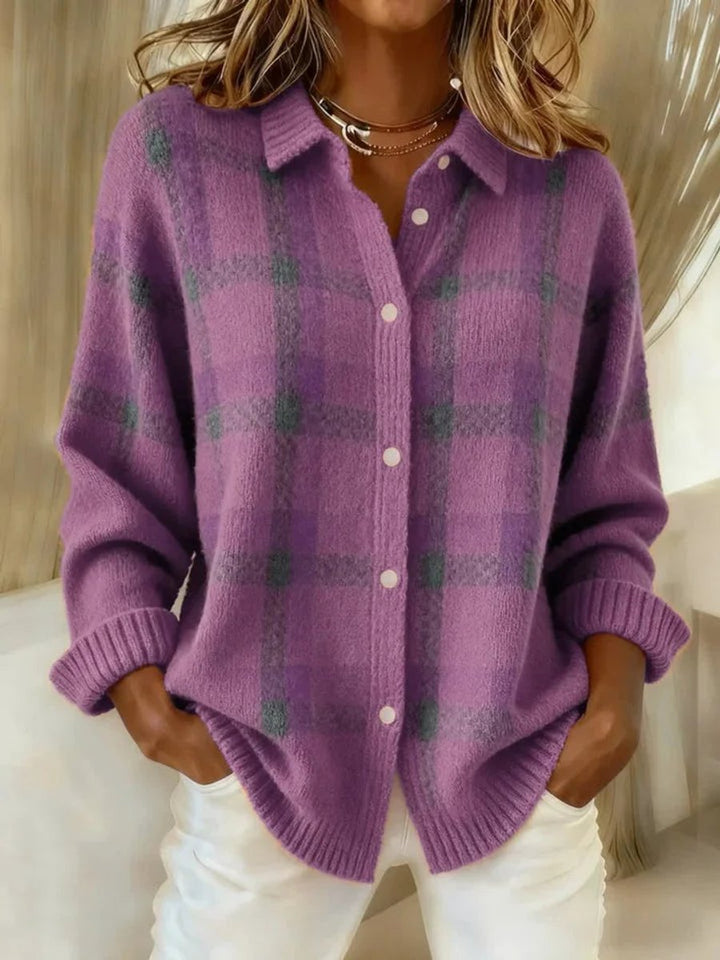 Women's Plaid Knit Button-Up Oversized Jacket Cardigan - Purple