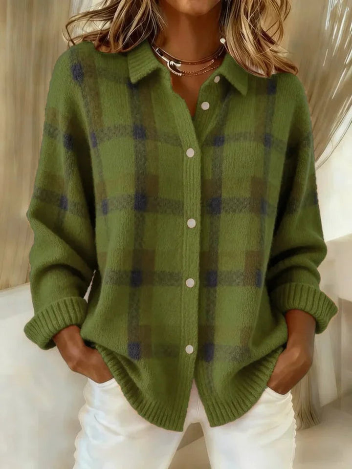 Women's Plaid Knit Button-Up Oversized Jacket Cardigan - Green