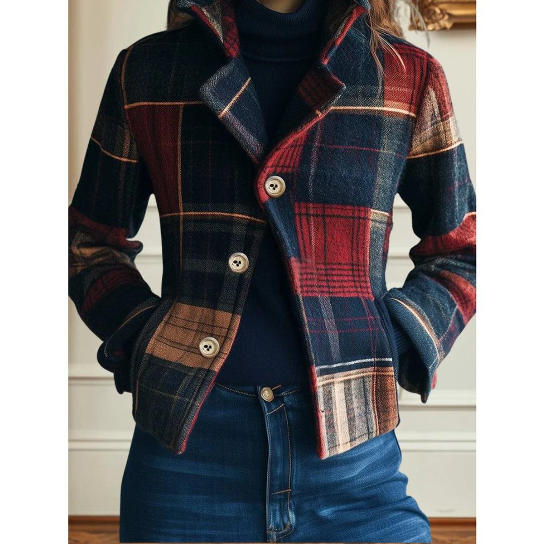 Women's Plaid Patchwork Single-Breasted Wool-Blend Jacket - Multicolored