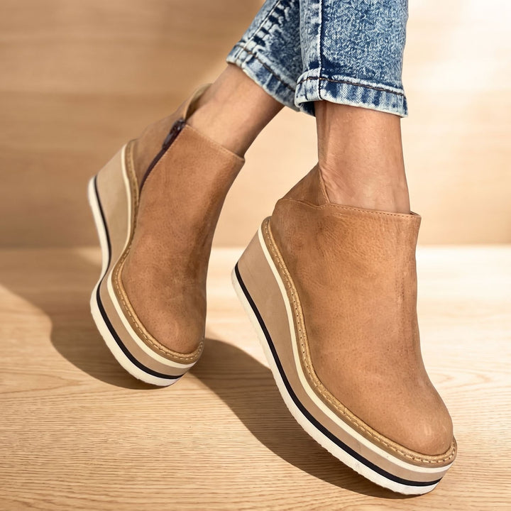 Women's Platform Wedge Side-Zip Ankle Boots - Beige