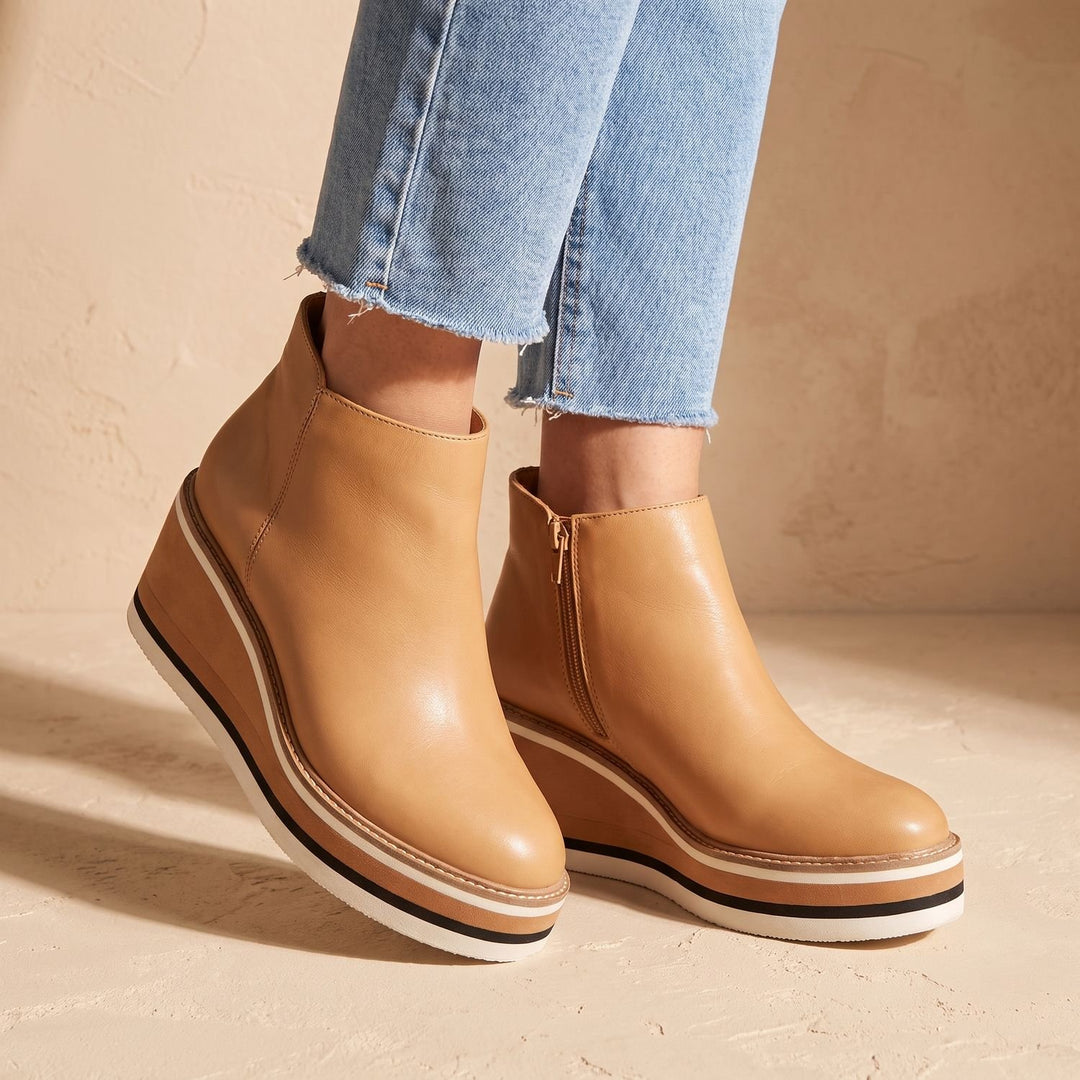 Women's Platform Wedge Side-Zip Ankle Boots - Khaki