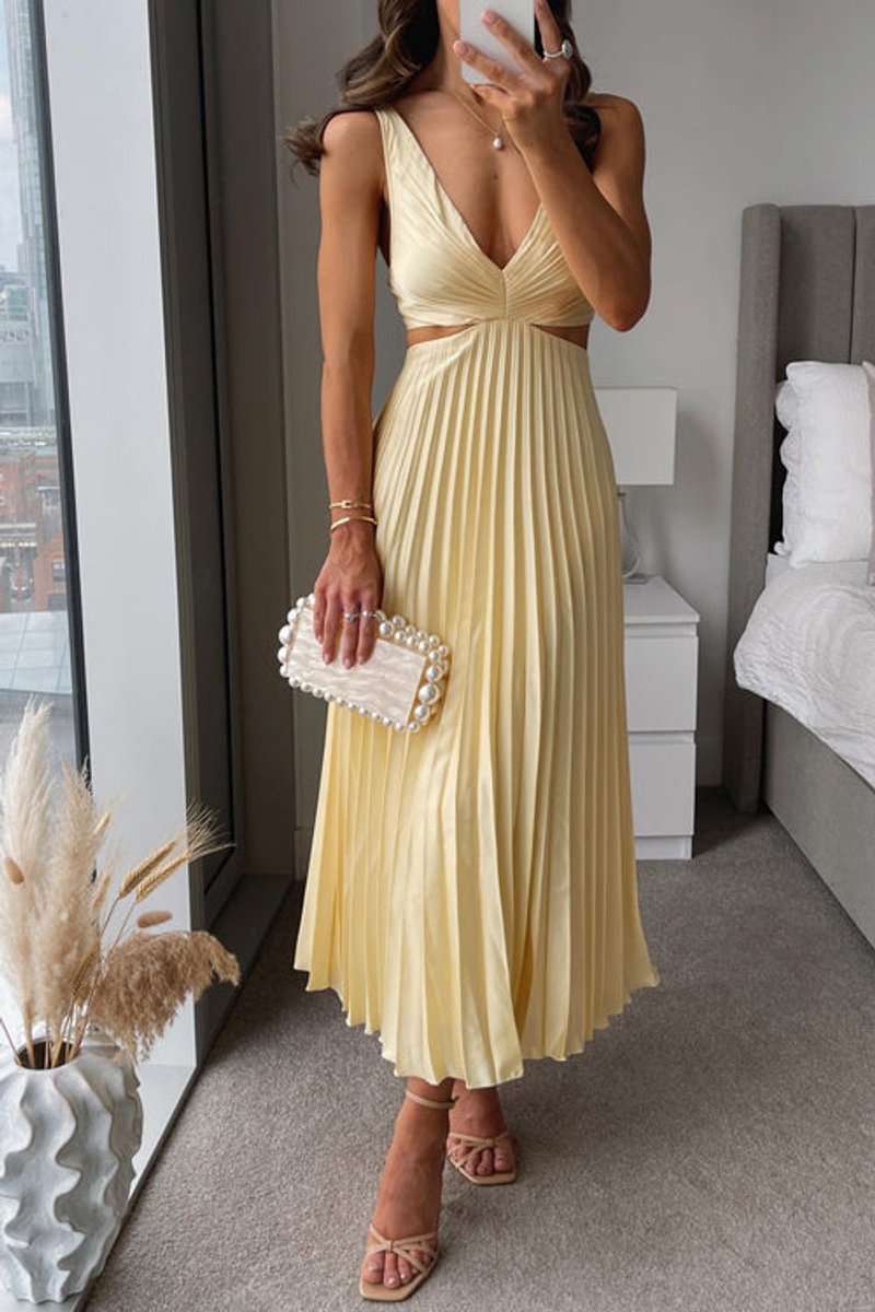 Women's Pleated Cutout Maxi Cocktail Party Dress V-Neck - Yellow