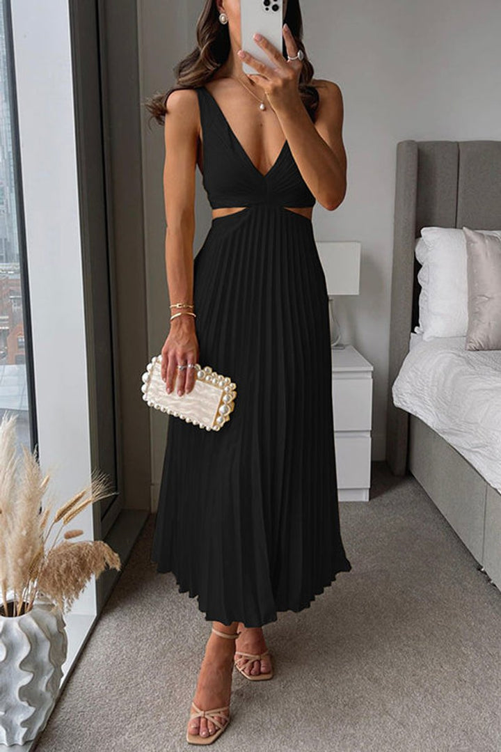 Women's Pleated Cutout Maxi Cocktail Party Dress V-Neck - Black