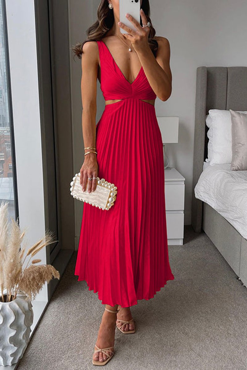 Women's Pleated Cutout Maxi Cocktail Party Dress V-Neck - Red