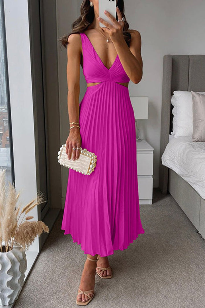 Women's Pleated Cutout Maxi Cocktail Party Dress V-Neck - Pink