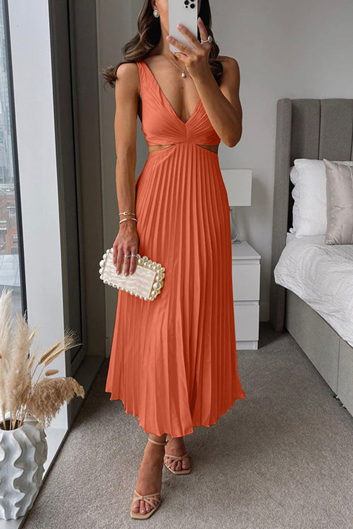 Women's Pleated Cutout Maxi Cocktail Party Dress V-Neck - Orange