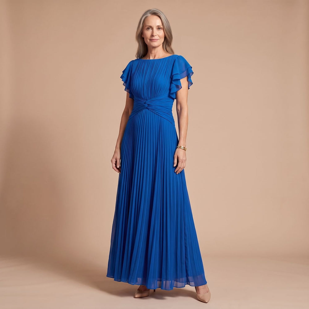 Women's Pleated Flutter-Sleeve Formal Maxi Dress - Blue