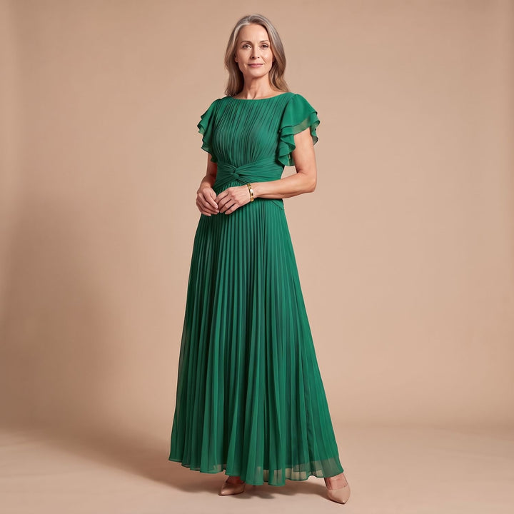 Women's Pleated Flutter-Sleeve Formal Maxi Dress - Green