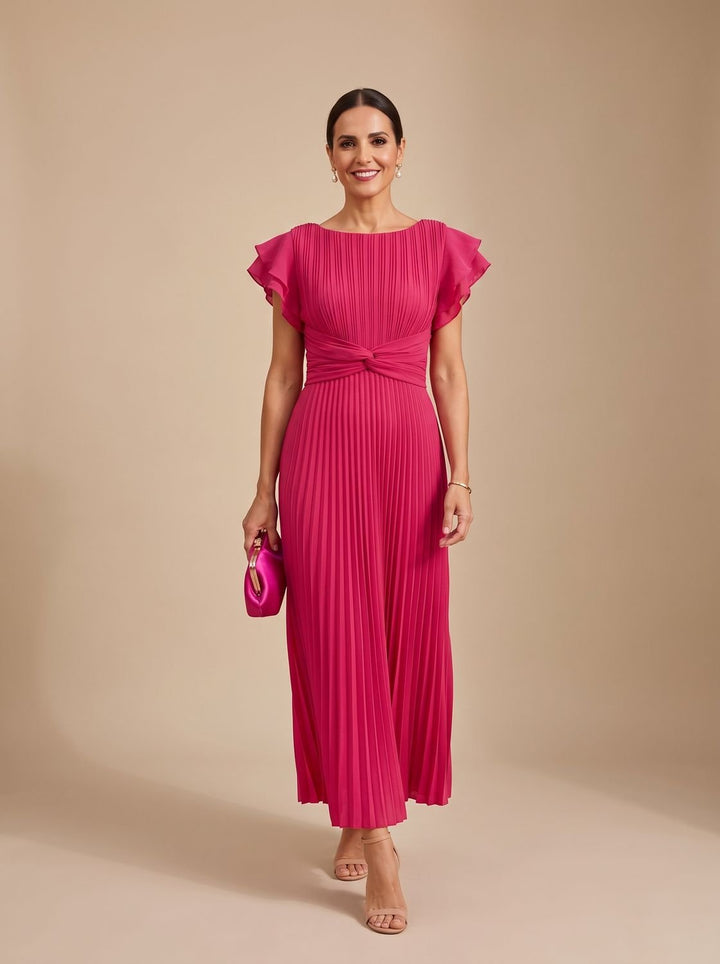 Women's Pleated Flutter-Sleeve Formal Wedding Guest Maxi Dress - Pink