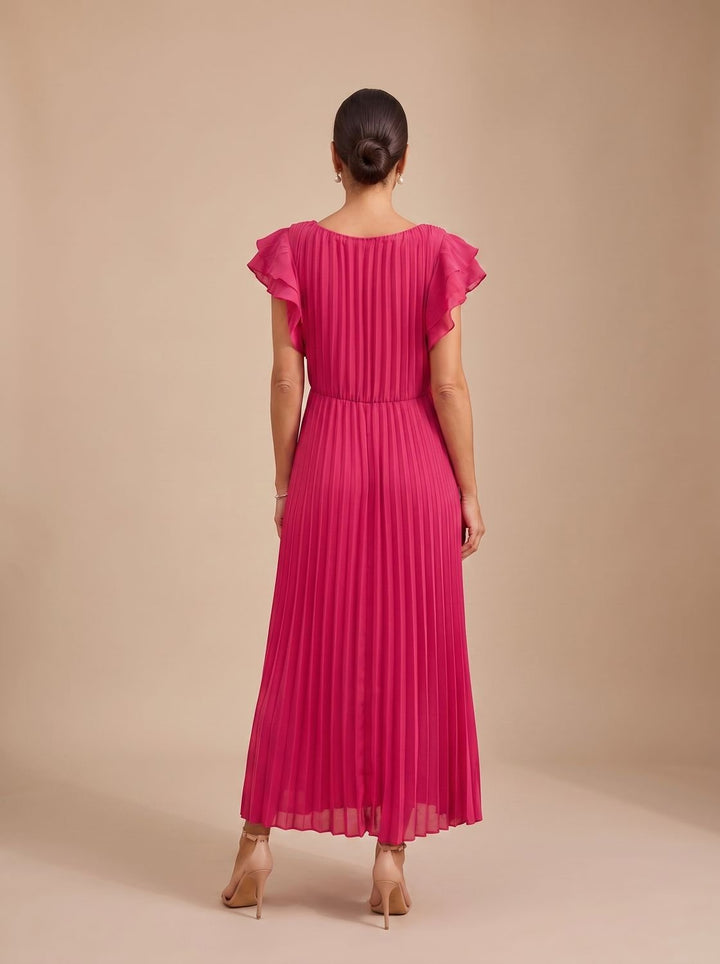 Women's Pleated Flutter-Sleeve Formal Wedding Guest Maxi Dress