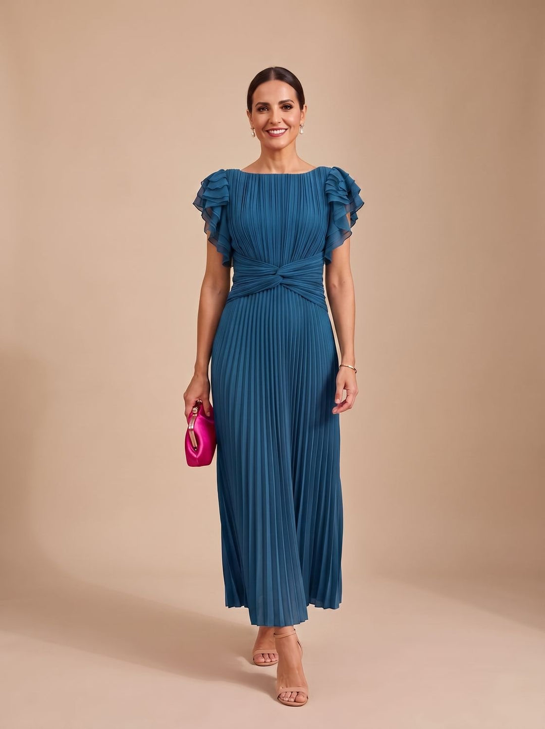 Women's Pleated Flutter-Sleeve Formal Wedding Guest Maxi Dress - Blue