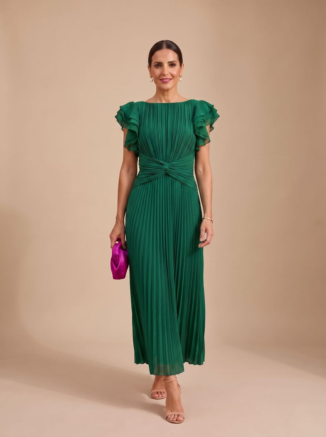 Women's Pleated Flutter-Sleeve Formal Wedding Guest Maxi Dress - Green