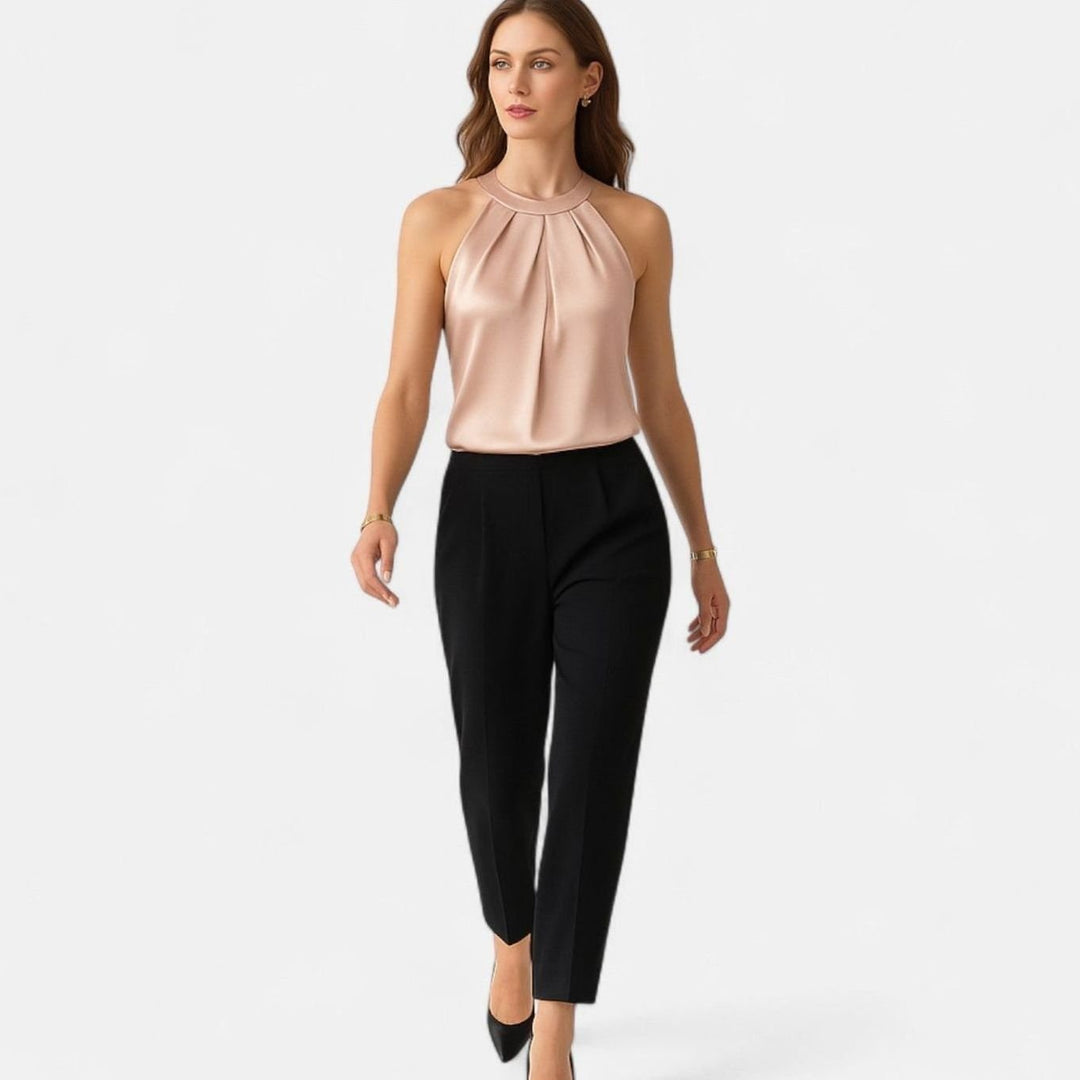 Women's Pleated-Front Draped Halter Satin Tank Top