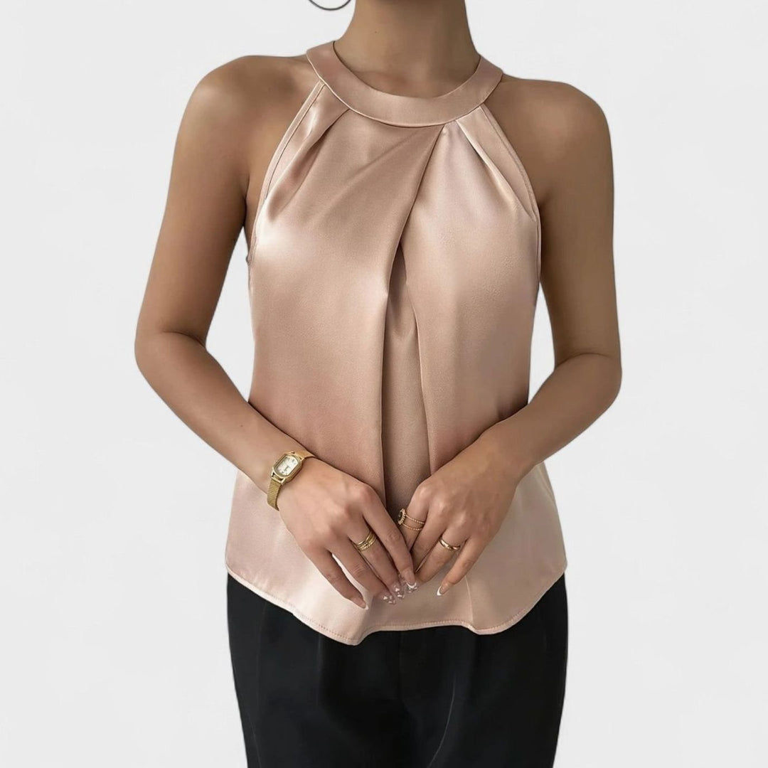 Women's Pleated-Front Draped Halter Satin Tank Top