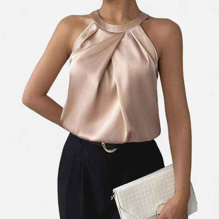 Women's Pleated-Front Draped Halter Satin Tank Top
