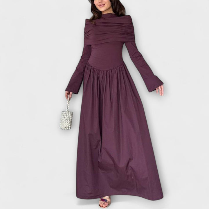 Women's Pleated High-Neck Long Sleeve Relaxed Maxi Dress - Burgundy