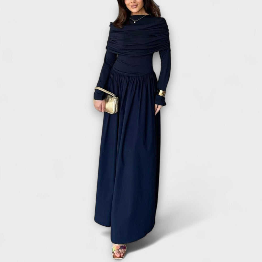 Women's Pleated High-Neck Long Sleeve Relaxed Maxi Dress - Navy Blue
