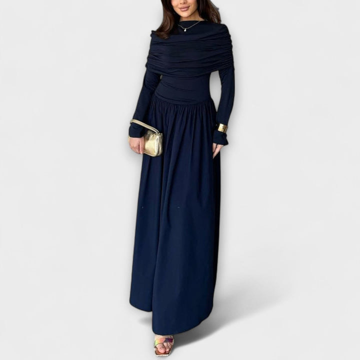 Women's Pleated High-Neck Long Sleeve Relaxed Maxi Dress - Navy Blue