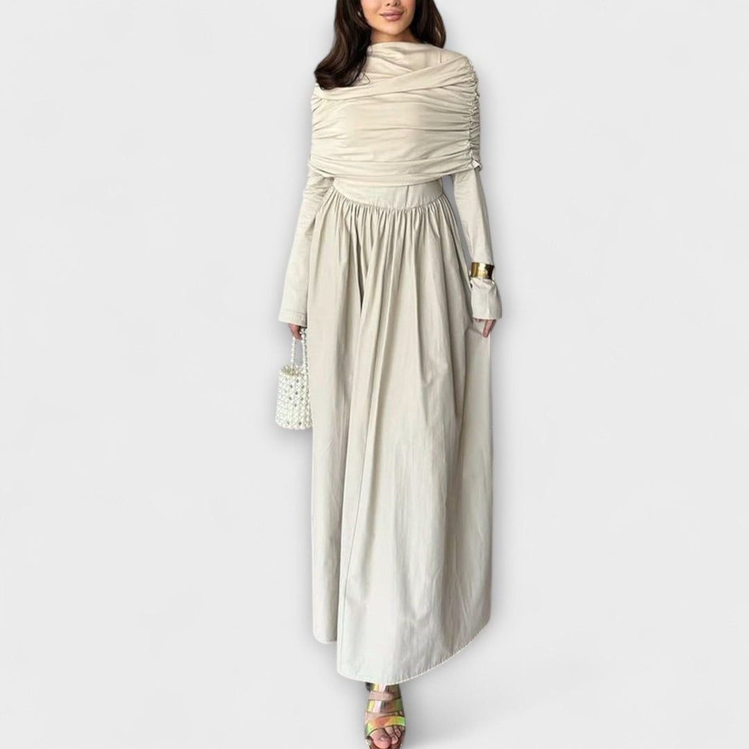 Women's Pleated High-Neck Long Sleeve Relaxed Maxi Dress - White