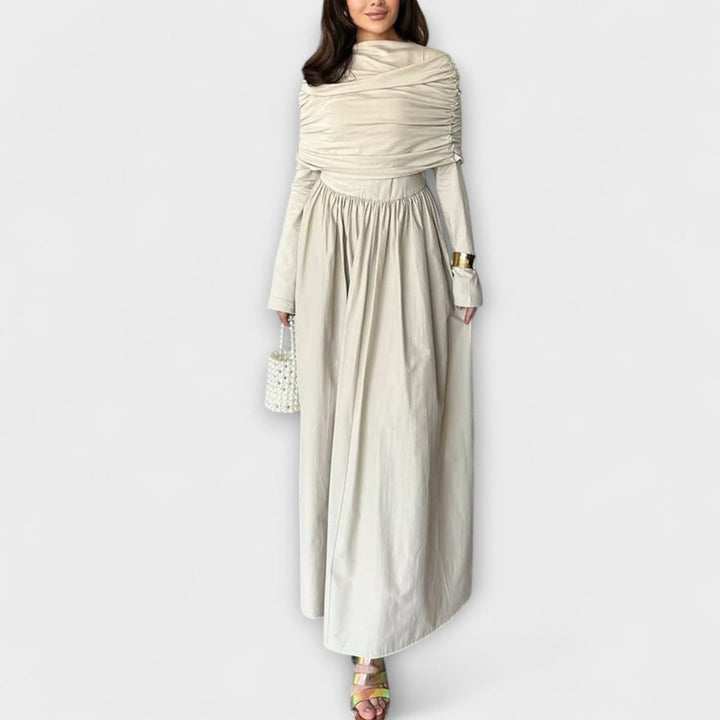 Women's Pleated High-Neck Long Sleeve Relaxed Maxi Dress - White