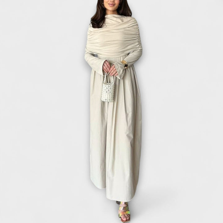 Women's Pleated High-Neck Long Sleeve Relaxed Maxi Dress