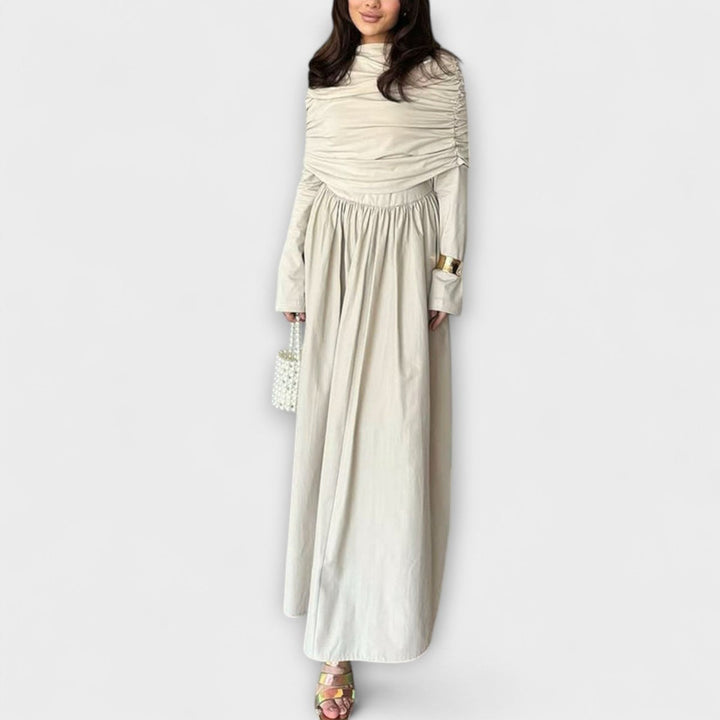 Women's Pleated High-Neck Long Sleeve Relaxed Maxi Dress