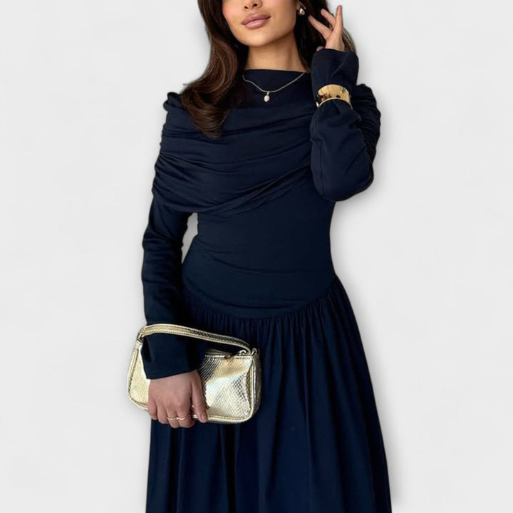 Women's Pleated High-Neck Long Sleeve Relaxed Maxi Dress