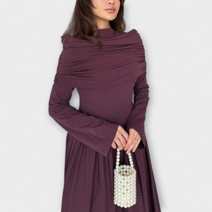 Women's Pleated High-Neck Long Sleeve Relaxed Maxi Dress