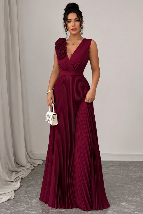 Women's Pleated Sleeveless Floral Applique Evening Gown - Deep Red