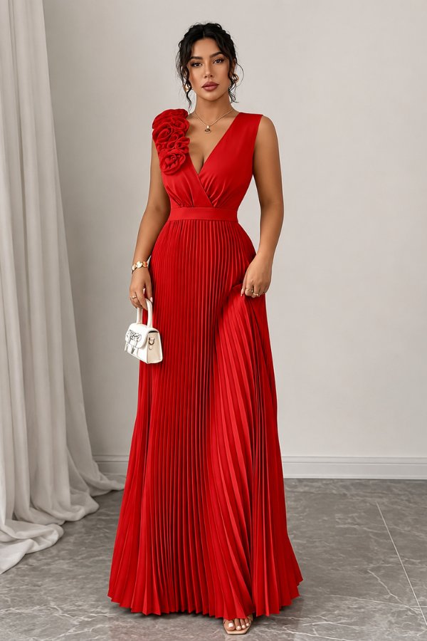 Women's Pleated Sleeveless Floral Applique Evening Gown - Red