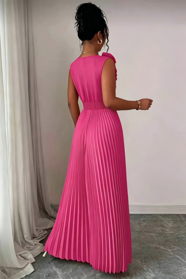 Women's Pleated Sleeveless Floral Applique Evening Gown