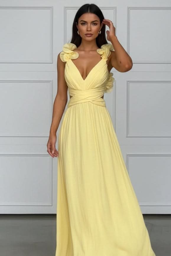 Women's Pleated Sleeveless Floral Applique Evening Gown - Bright Yellow
