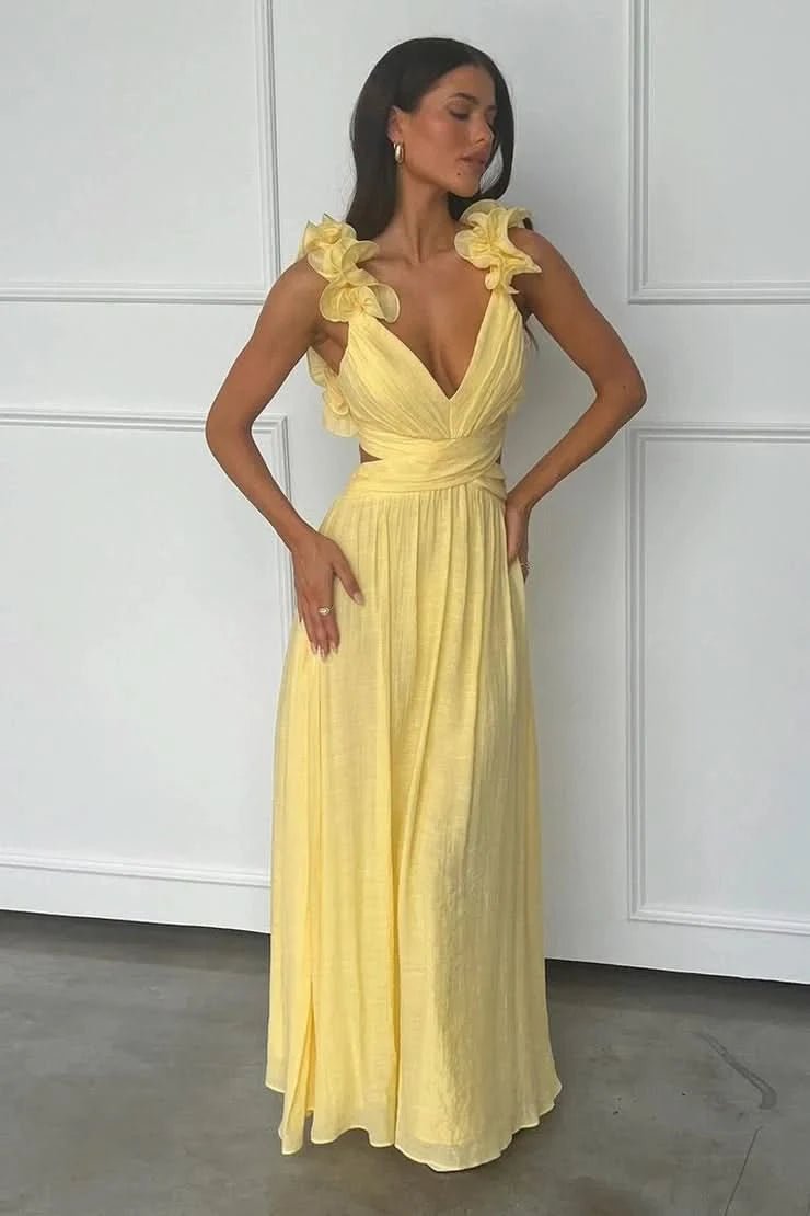 Women's Pleated Sleeveless Floral Applique Evening Gown