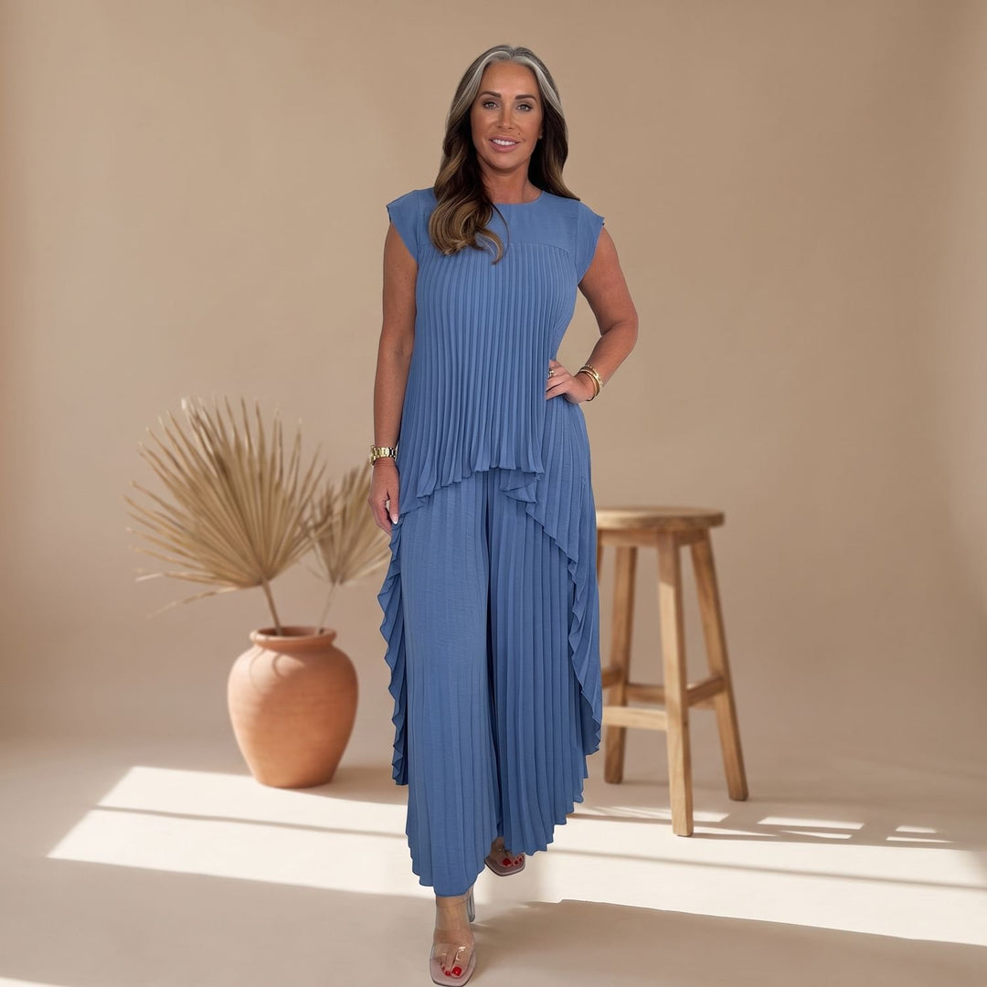 Women's Pleated Two Piece Set Wide-Leg Crop Pants Midi Top - Blue