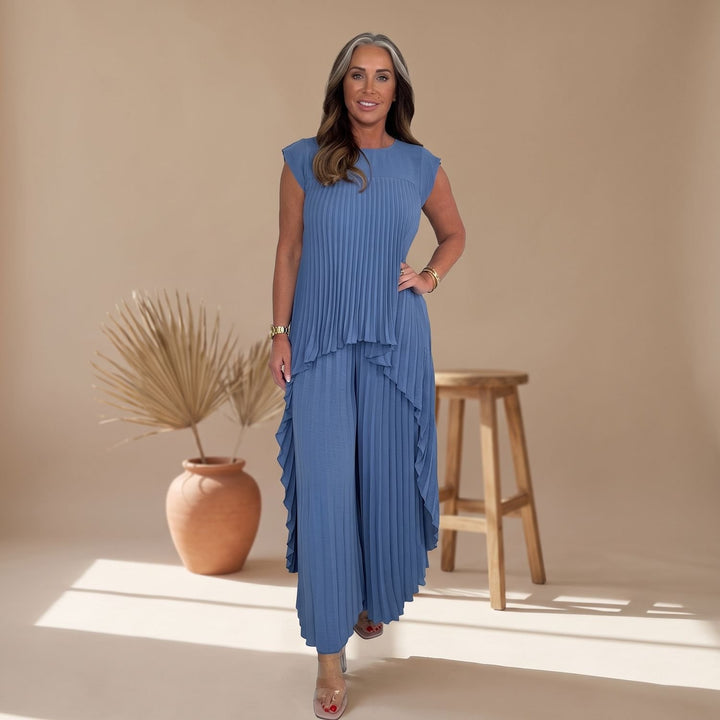 Women's Pleated Two Piece Set Wide-Leg Crop Pants Midi Top - Blue