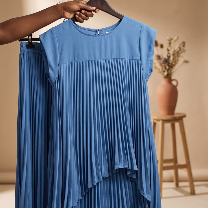Women's Pleated Two Piece Set Wide-Leg Crop Pants Midi Top