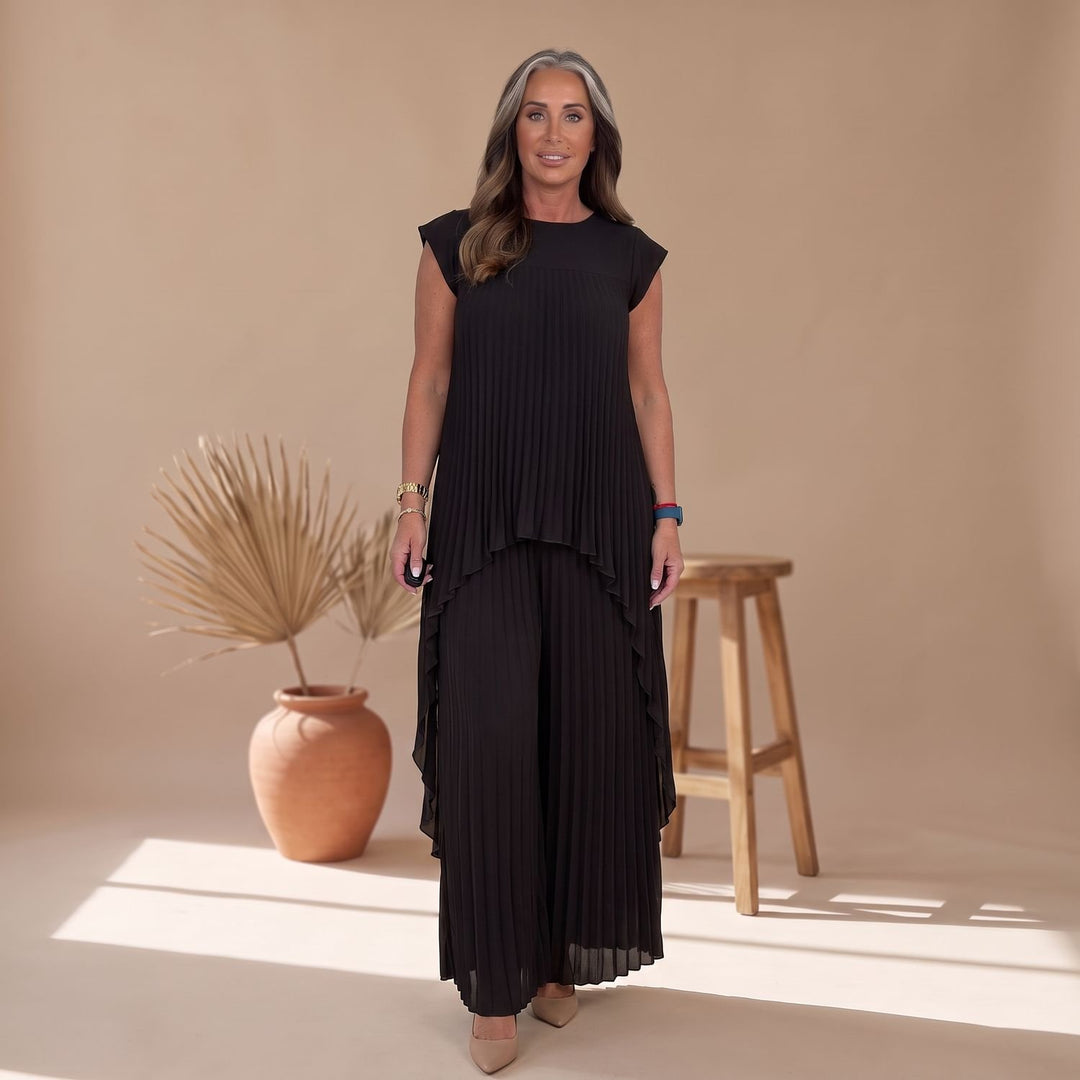 Women's Pleated Two Piece Set Wide-Leg Crop Pants Midi Top - Black