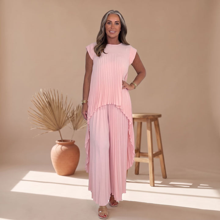 Women's Pleated Two Piece Set Wide-Leg Crop Pants Midi Top - Pink