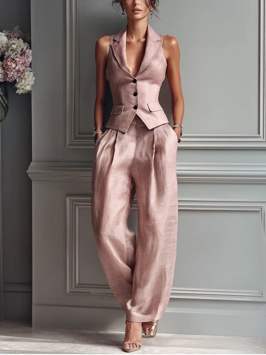 Women's Pleated Wide Leg Pants Lapel Vest Linen Two-Piece Set - Light Pink