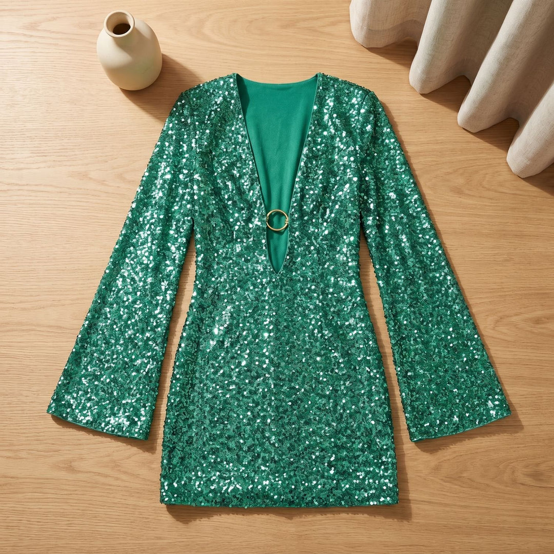 Women's Plunge-Neck Long-Sleeve Sequin Mini Dress - Green