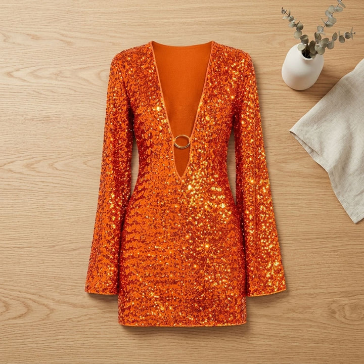 Women's Plunge-Neck Long-Sleeve Sequin Mini Dress - Orange