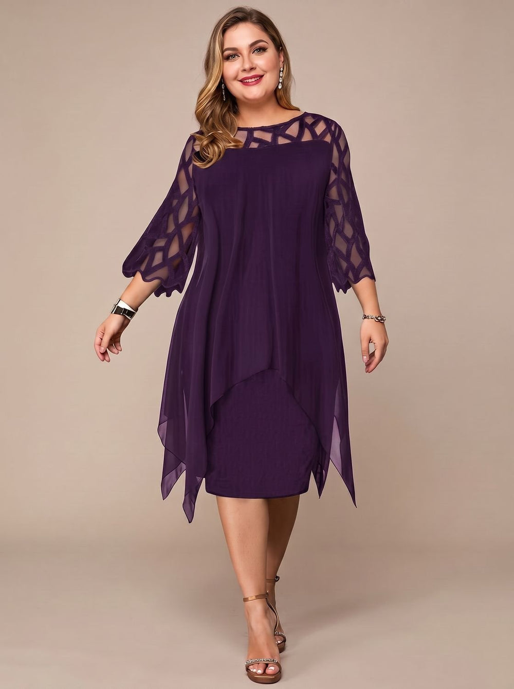 Women's Plus Size Lace-Yoke Chiffon Overlay Midi Dress - Purple